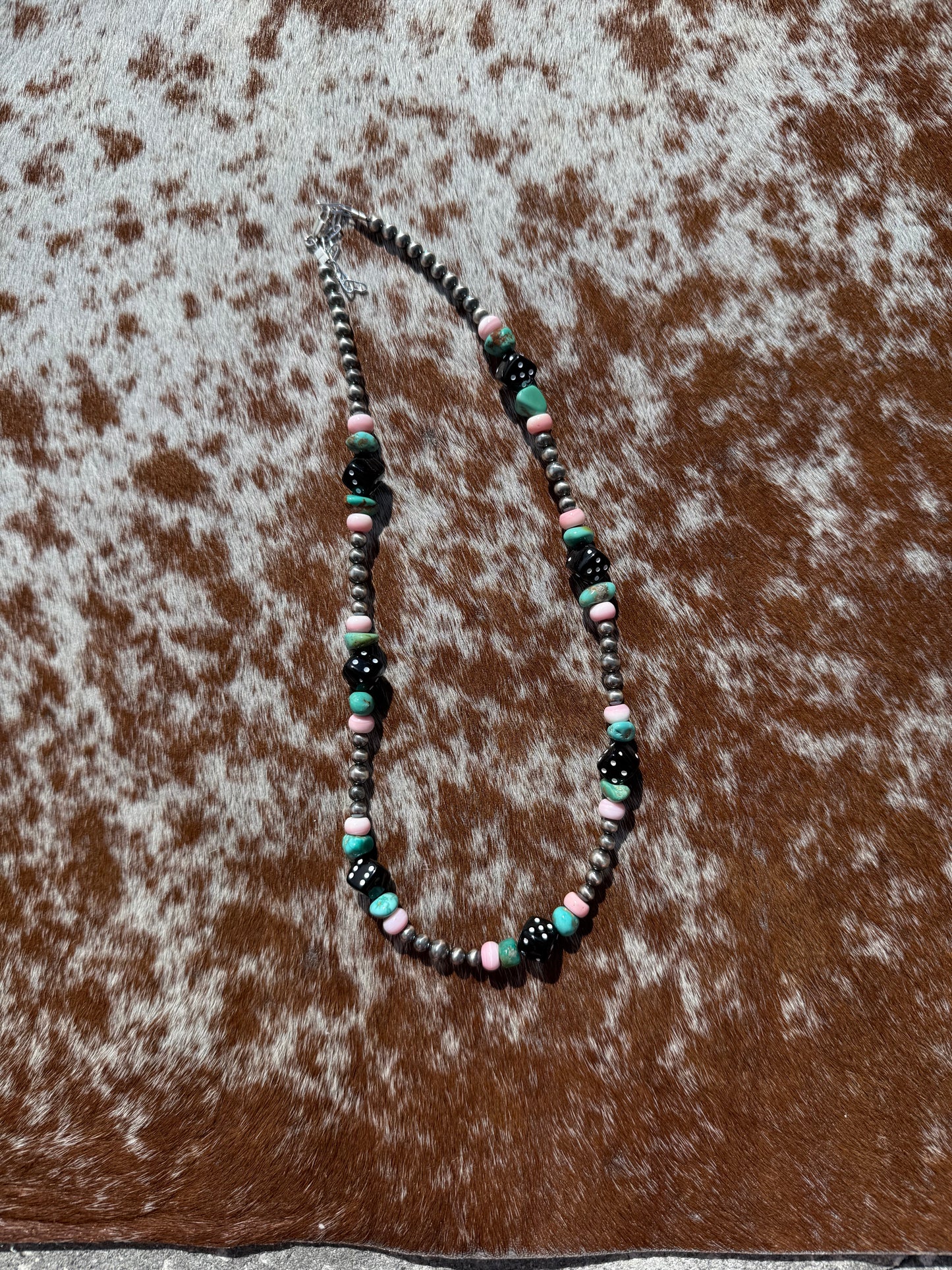 4mm and 5mm Navajo Pearl, Dice, Pink Conch, Number 8 Turquoise 16"