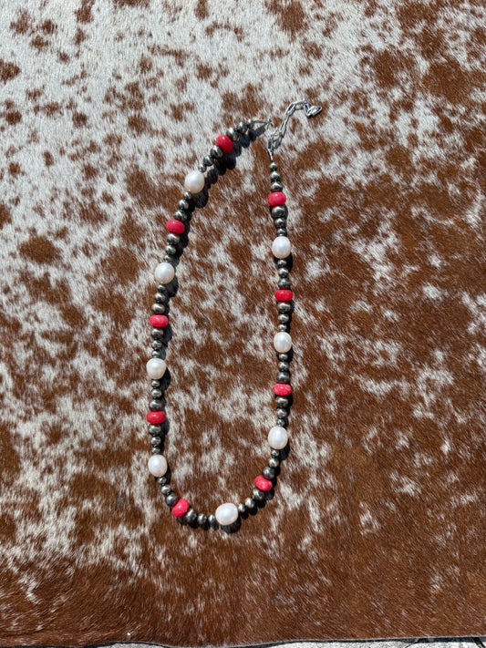 4mm, 5mm, 6mm Navajo Pearl with Cherry Quartz and Freshwater Pearl 16"