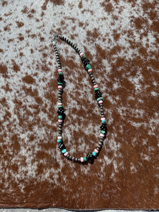 4mm and 5mm Navajo Pearl, Dice, Pink Conch, Number 8 Turquoise 16"