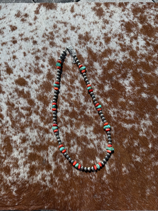 6mm Navajo Pearl, Number 8 Turquoise, Red Spiny Oyster 16"