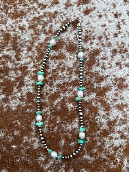 Navajo Pearls, Number 8 Turquoise, and Freshwater Pearls 18"